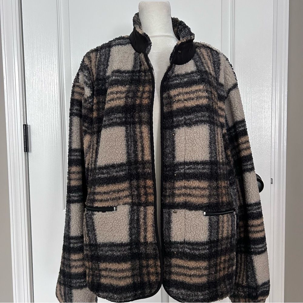 Sanctuary Women’s Black Tan & Cream Plaid Sherpa Jacket Size Extra Large